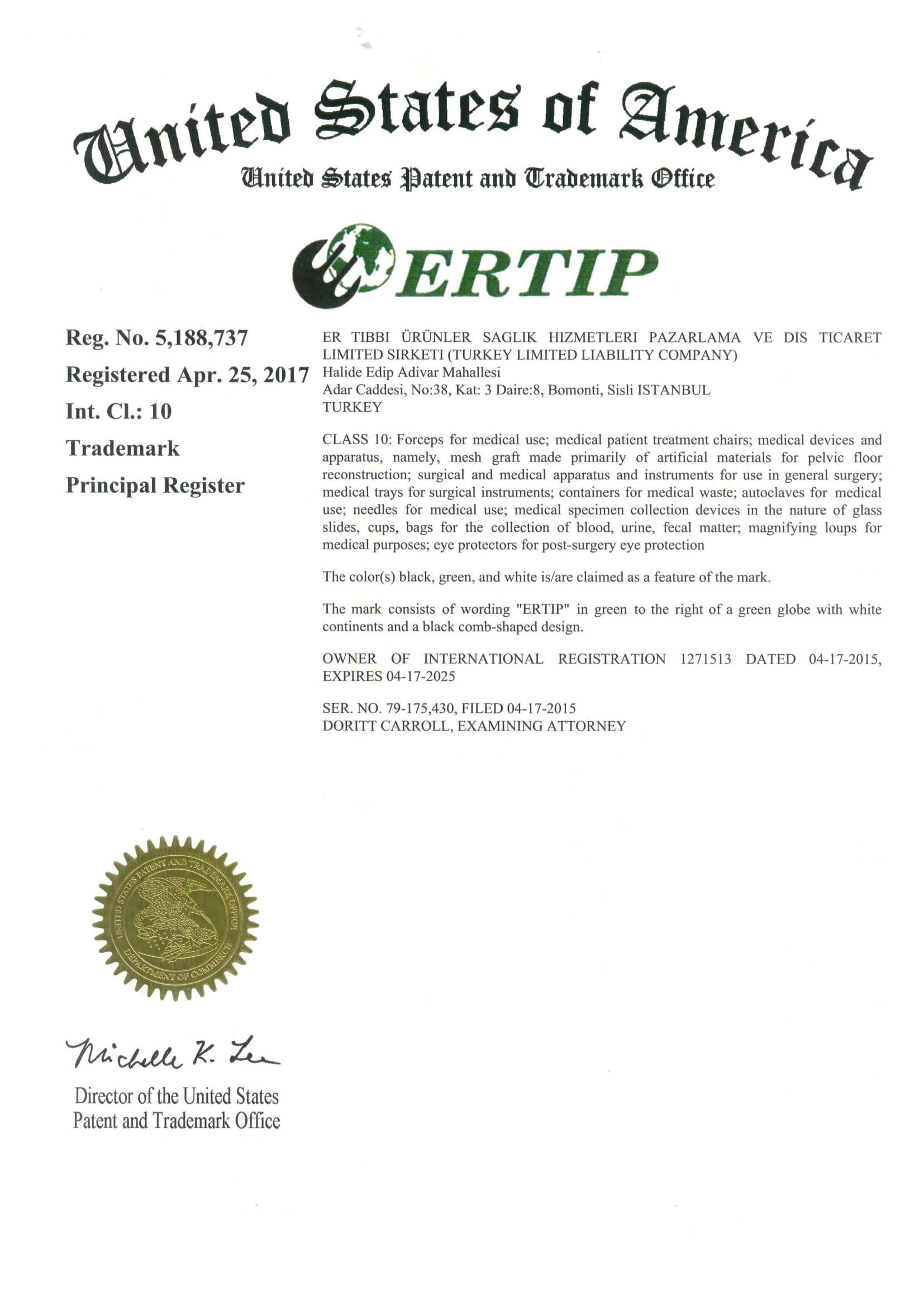 USA Trademark Registration Certificate