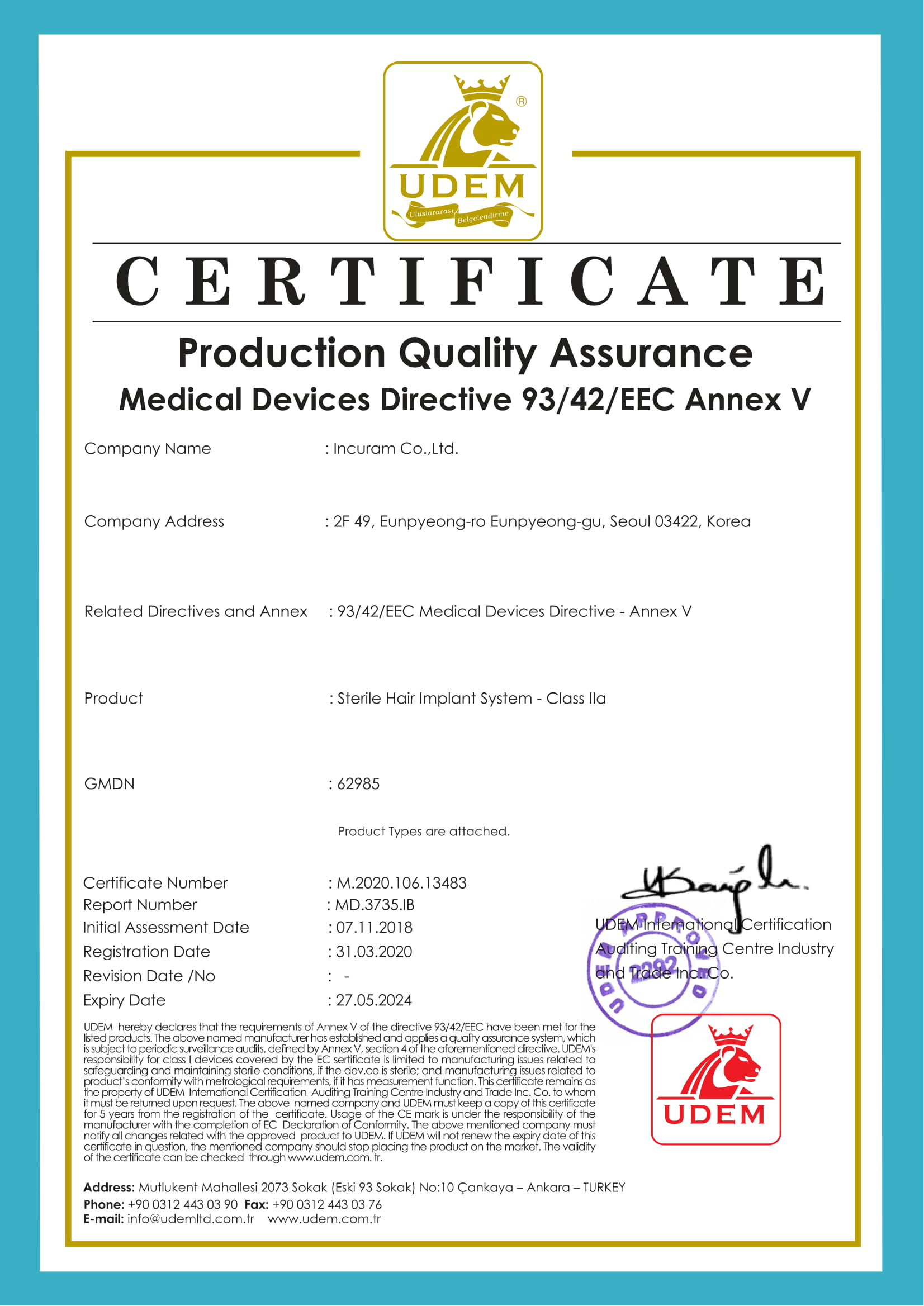 Incuram Implanter CE Certificate